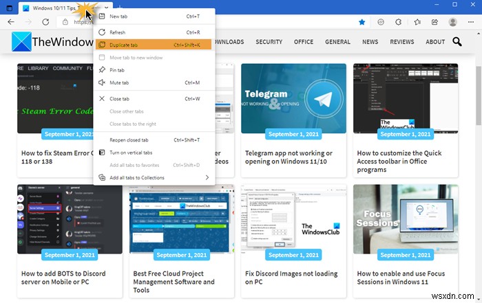 How to duplicate a Tab in Microsoft Edge browser