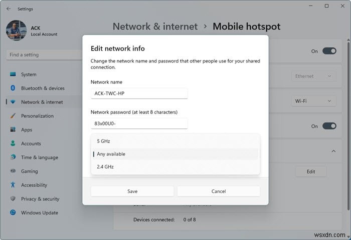 How to set the Broadcast band for Mobile Hotspot on Windows 11/10