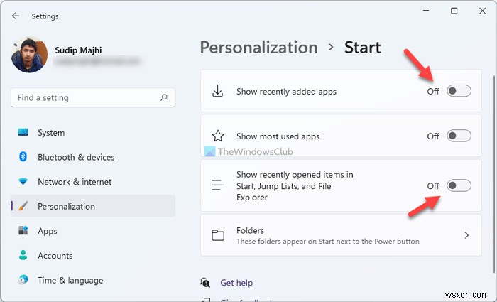 How to show or hide Recommended list in Start Menu on Windows 11