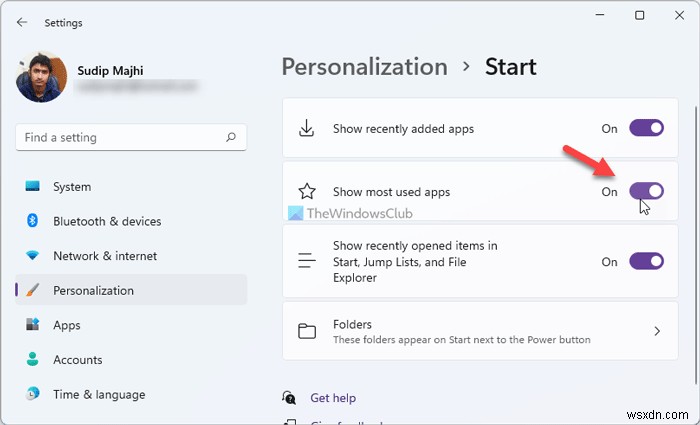 How to show or hide Most Used apps in Start Menu on Windows 11