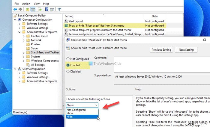 How to show or hide Most Used apps in Start Menu on Windows 11