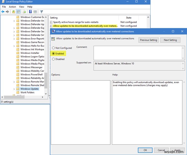 Allow Windows Updates to be downloaded automatically over Metered Connections