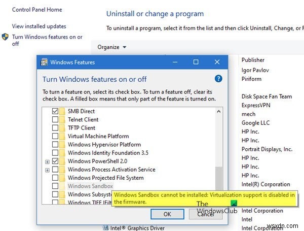 Windows Sandbox cannot be installed, Virtualization support is disabled in the firmware