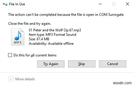 The action cannot be completed because the file is open in COM Surrogate