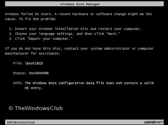 Windows Boot Configuration Data does not contain valid OS Entry, Error 0xc0000098