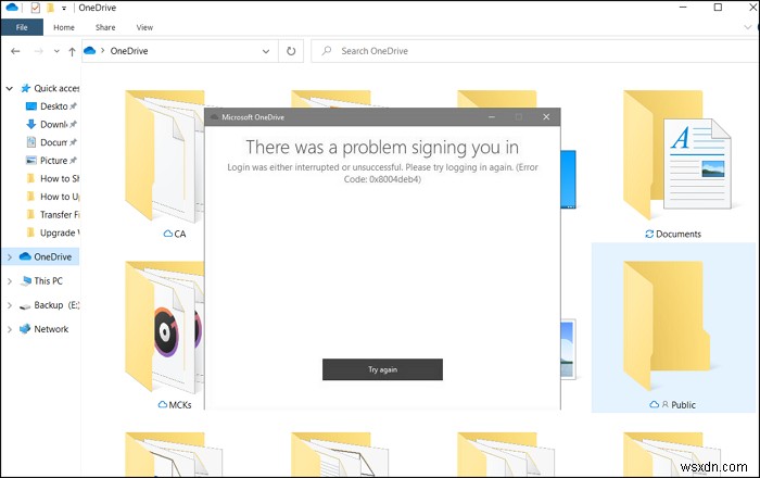 OneDrive Login was either interrupted or unsuccessful, Error 0x8004deb4