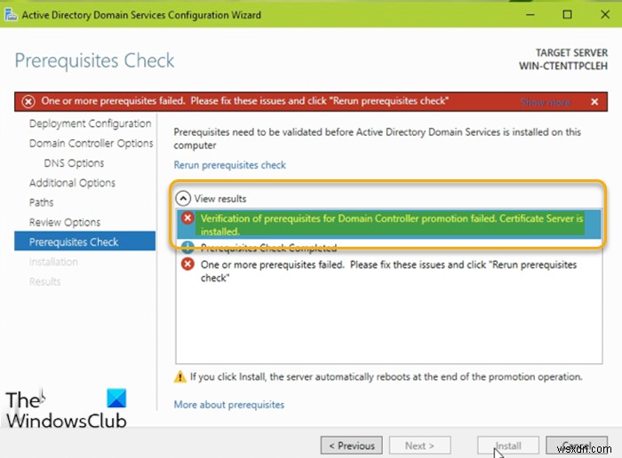 Verification of prerequisites for Domain Controller promotion failed