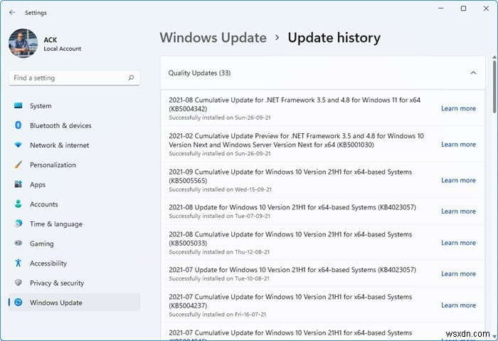 Where to look for your Windows Update History in Windows 11/10