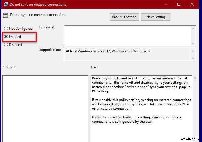 Disable Sync your settings on Metered Connections switch in Windows 10