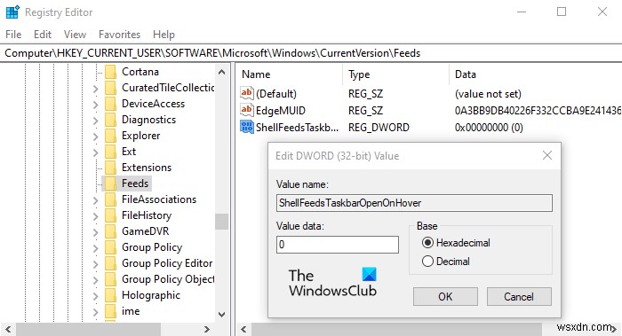 Enable or Disable Open News and Interests on hover in Windows 10