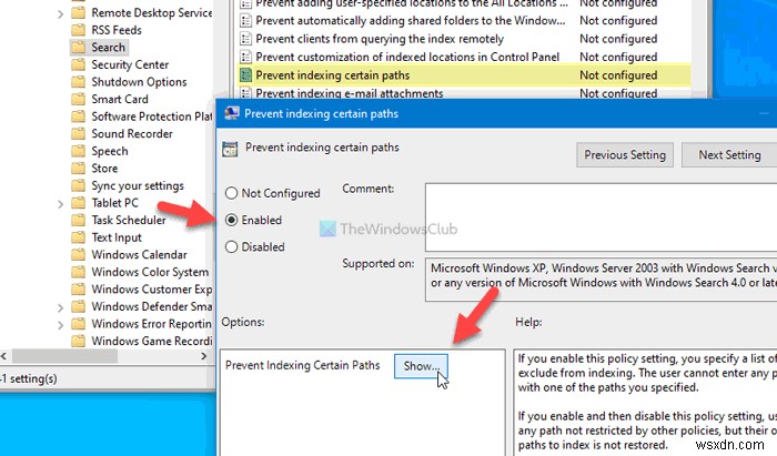 How to prevent users from indexing Specific Paths in Search Index on Windows 10