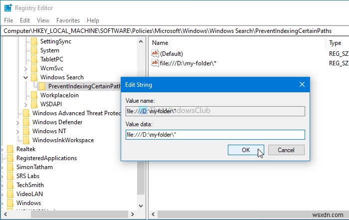 How to prevent users from indexing Specific Paths in Search Index on Windows 10