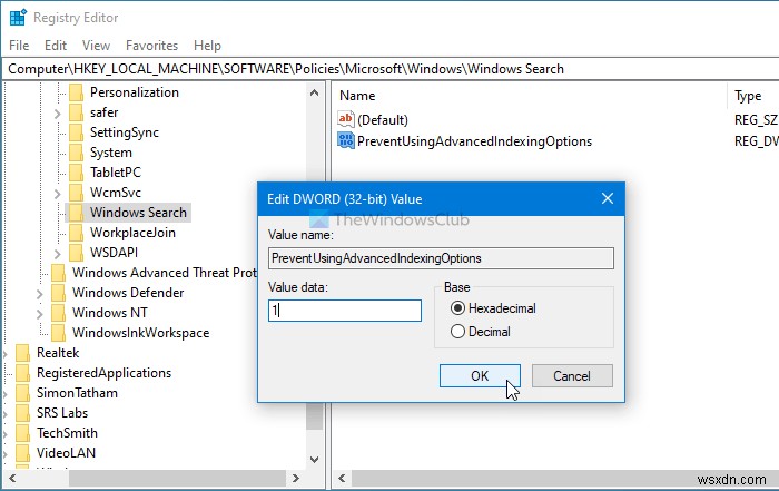 How to disable Advanced Search Indexing Options in Windows 10