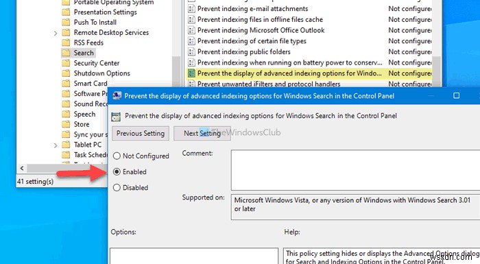 How to disable Advanced Search Indexing Options in Windows 10