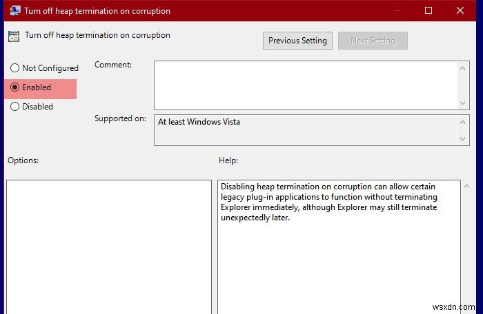 How to turn off Heap Termination on corruption for Explorer in Windows 10