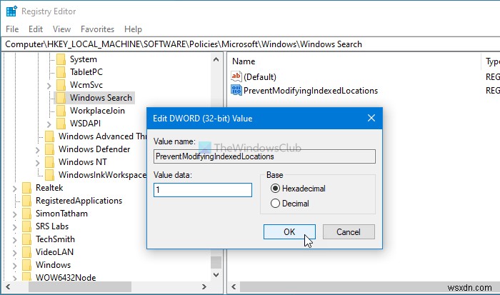 How to prevent users from modifying Search Index Locations in Windows 10