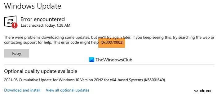 Fix Windows Update error code 0x80070002