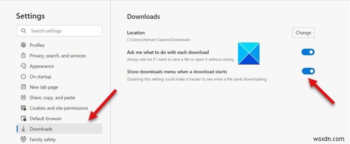 How to turn on Show Downloads Menu when a download starts in Edge