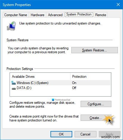 How to create System Restore shortcut in Windows 10