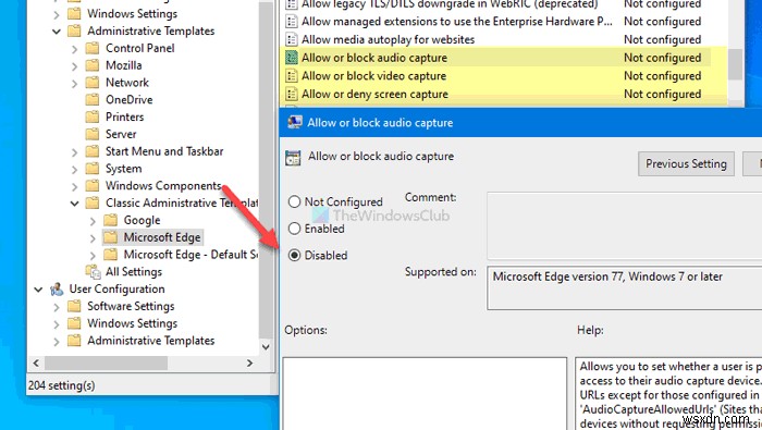 How to enable or disable Audio, Video, and Screen Capture in Edge