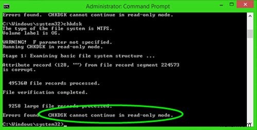 CHKDSK cannot continue in read-only mode