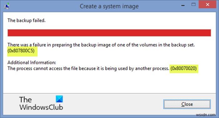 System Image Backup fails with error codes 0x807800C5, 0x80070020