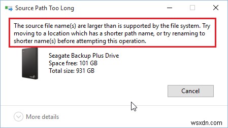 The source file name(s) are larger than is supported by the file system