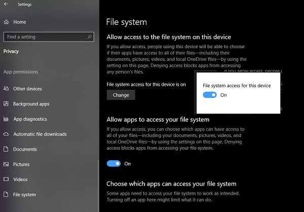 How to prevent or allow App access to File System in Windows 11/110
