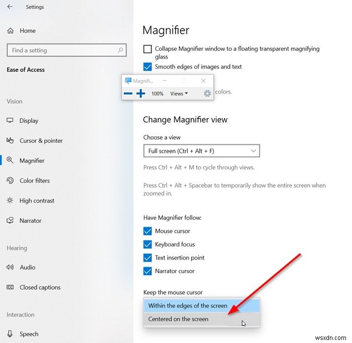 How to keep Magnifier mouse cursor in center of screen in Windows 11/10