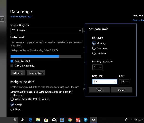 How to set Data Limit for Wireless and Ethernet Adapter on Windows 11/10
