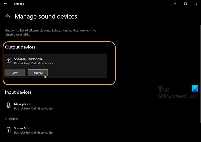 How to Enable or Disable Sound Output Device in Windows 11/10