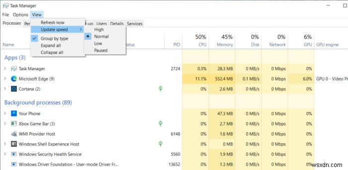 How to change Task Manager Data Update speed in Windows 10