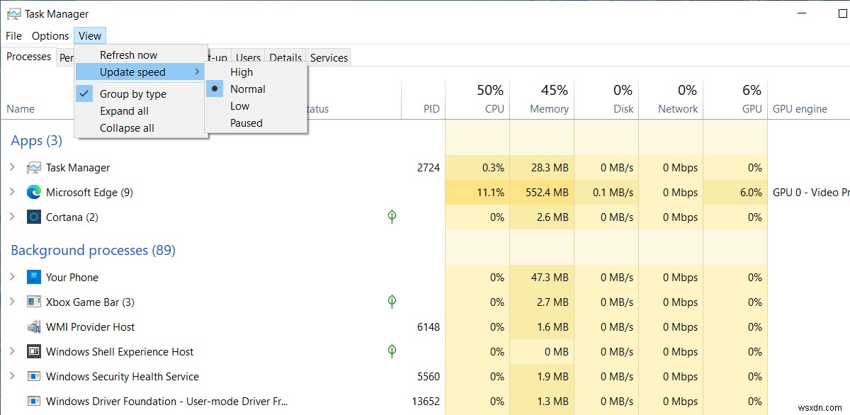 How to change Task Manager Data Update speed in Windows 10