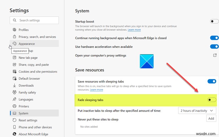 How to disable Fade Sleeping Tabs in Microsoft Edge browser