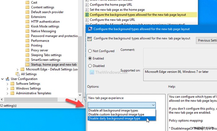 How to disable Image Background types for Edge New Tab page