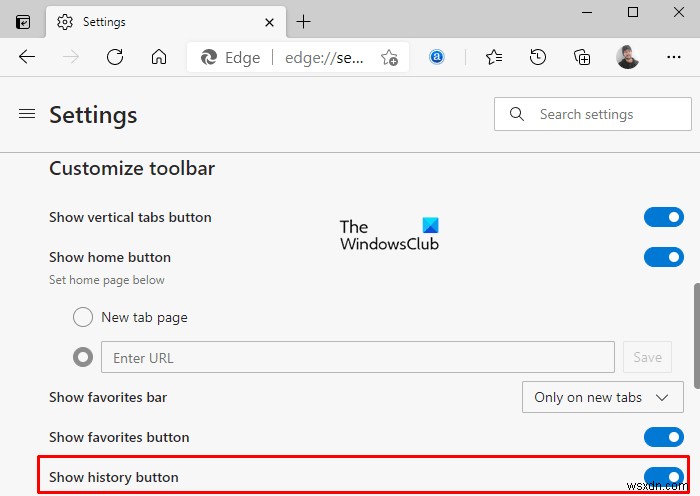 Show or Hide History button on Toolbar in Microsoft Edge