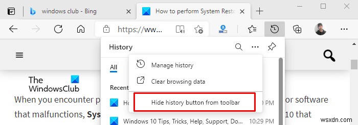 Show or Hide History button on Toolbar in Microsoft Edge
