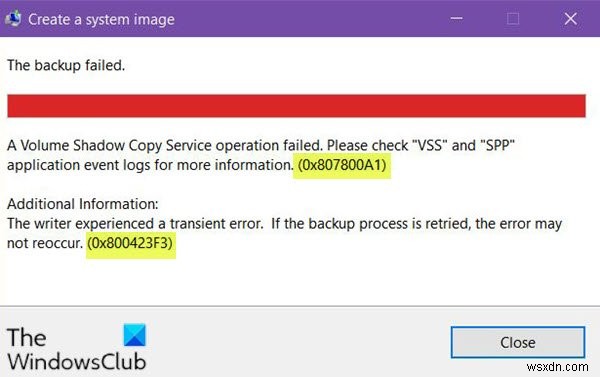 Fix System Image Backup error 0x807800A1, 0x800423F3 on Windows 10