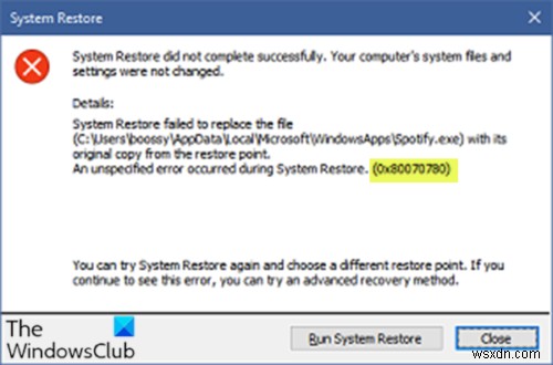 System Restore failed to replace the file, Error Code 0x80070780
