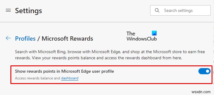 Show or Hide Microsoft Reward Points in Edge Profile