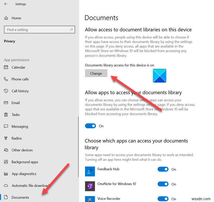 Allow or Disable apps from having Documents Library access in Windows 11/10