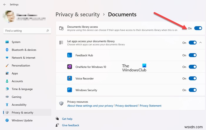 Allow or Disable apps from having Documents Library access in Windows 11/10