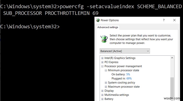 How to change Processor Power State when on battery using PowerCFG command line in Windows 10
