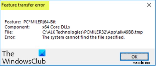 Feature transfer error during software installation on Windows 10