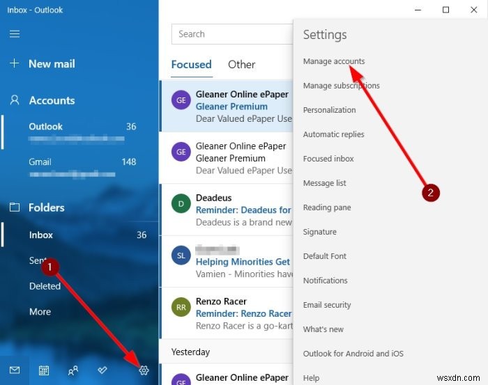 How to change order of email accounts in Windows 10 Mail app
