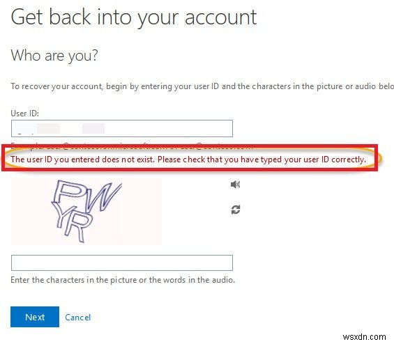 The user ID you entered does not exist – Microsoft account error