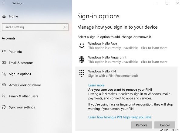 How to remove PIN login in Windows 11/10