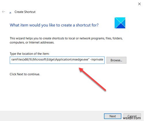 Create a shortcut to open Microsoft Edge browser in InPrivate mode