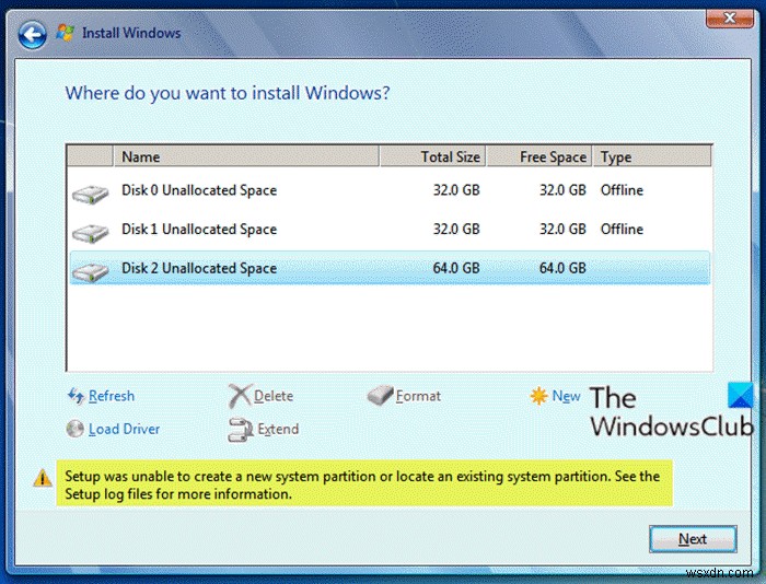 Setup was unable to create a new system partition or locate an existing system partition