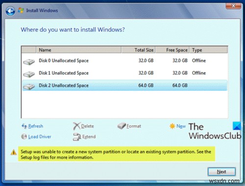 Setup was unable to create a new system partition or locate an existing system partition